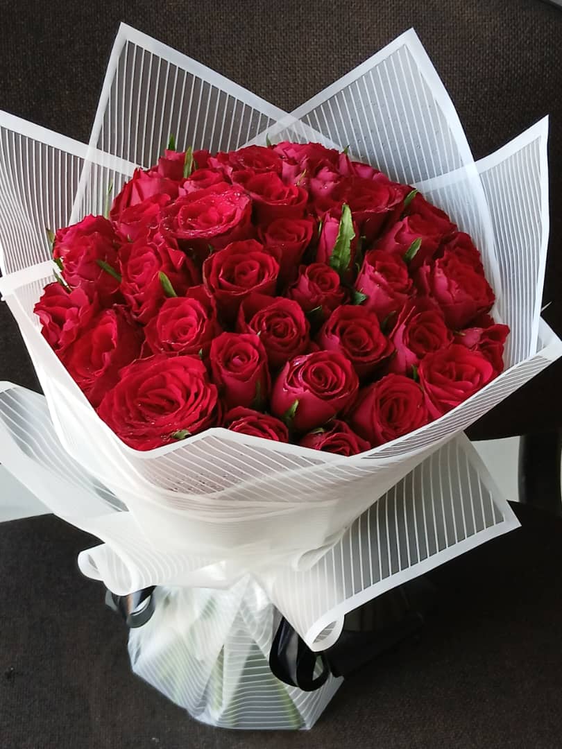 Classic Red Roses - Fresh premium roses with water droplets, elegantly wrapped in white